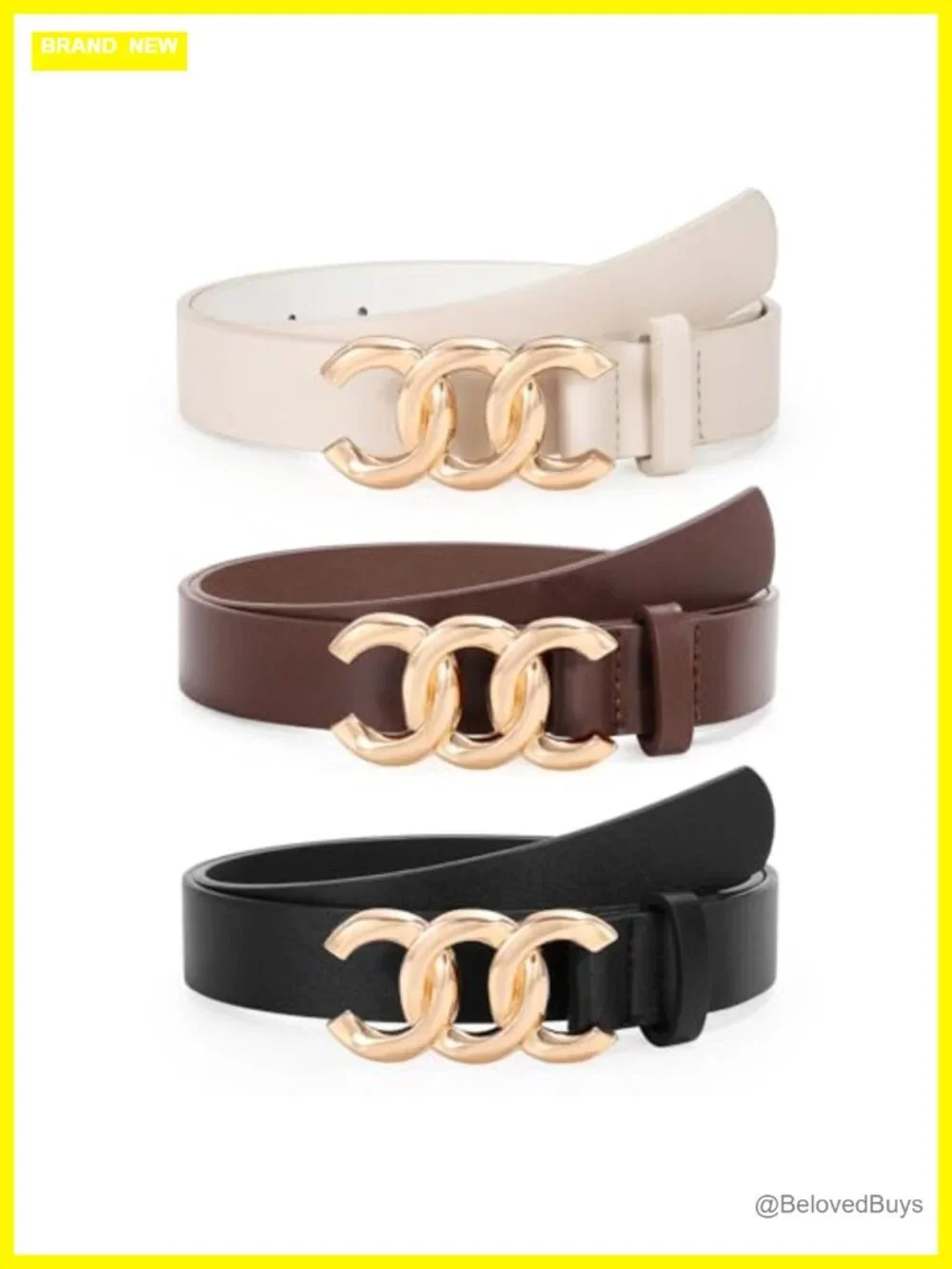 3 Pack Faux Leather Belts for Women Gold Buckle Adjustable Waist Belts